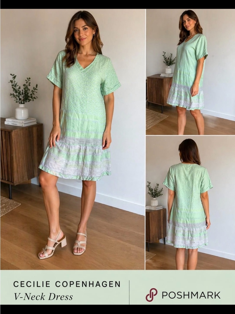 Cecilie Copenhagen Light Mint V-Neck Tiered Mini Dress - Picture 1 of 9